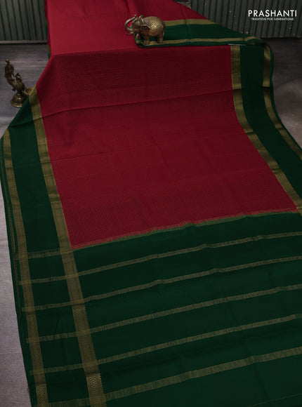 Pure mysore silk maroon and green with allover small zari checked pattern and rettapet zari woven border