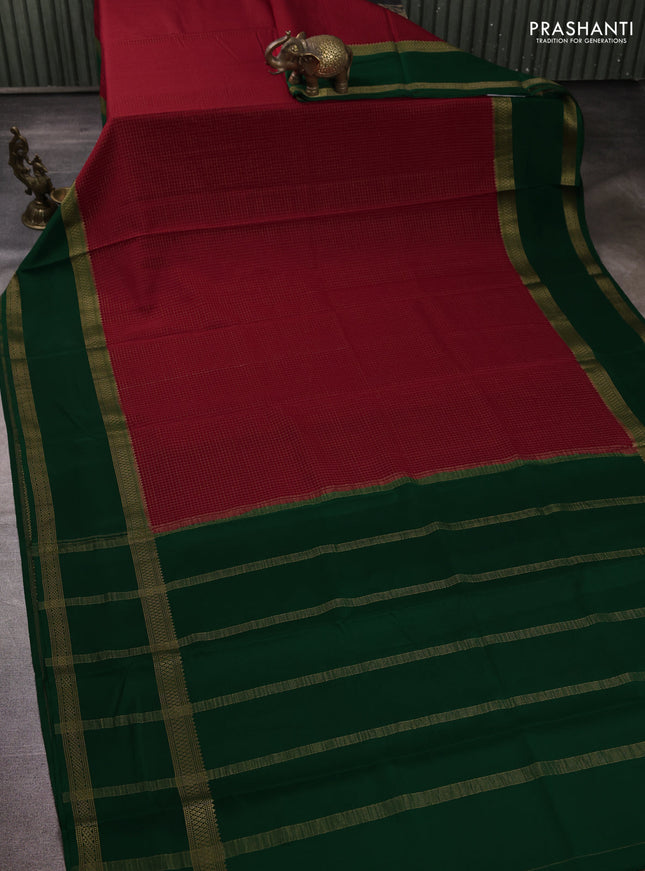 Pure mysore silk maroon and green with allover small zari checked pattern and rettapet zari woven border