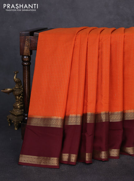 Pure mysore silk rust shade and coffee brown with allover small zari checked pattern and rettapet zari woven border