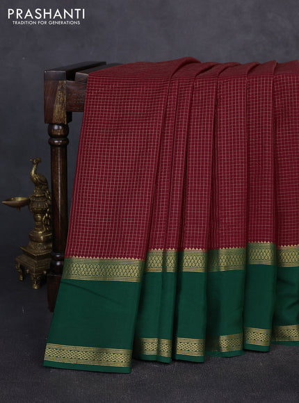 Pure mysore silk maroon and green with allover small zari checked pattern and rettapet zari woven border
