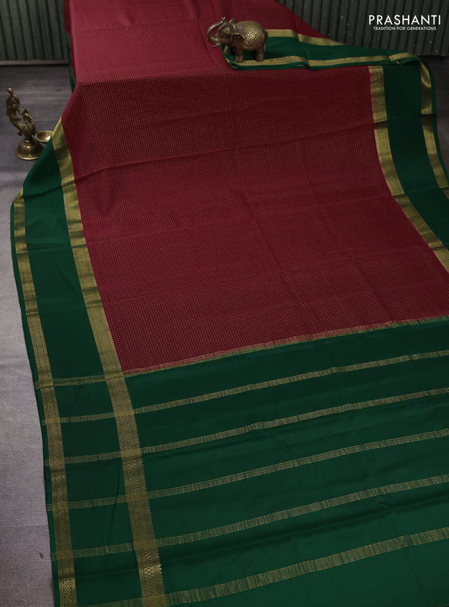 Pure mysore silk maroon and green with allover small zari checked pattern and rettapet zari woven border