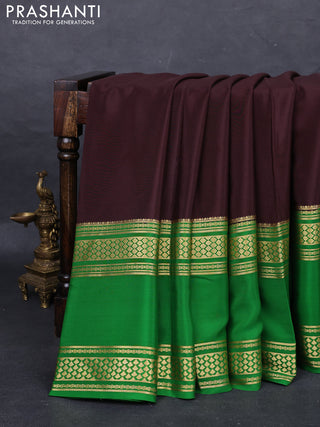 Pure mysore silk saree coffee brown and green with plain body and rettapet zari woven border