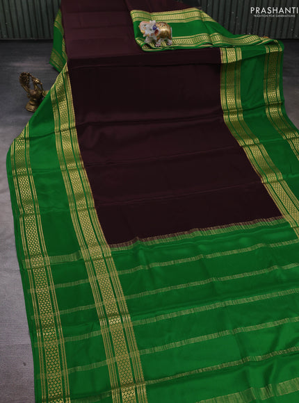Pure mysore silk saree coffee brown and green with plain body and rettapet zari woven border