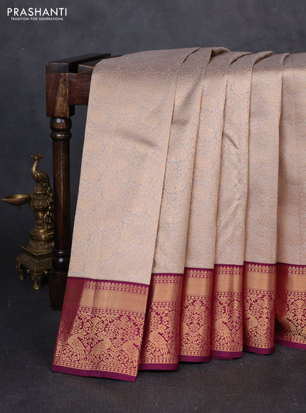 Pure kanchipuram silk saree grey and deep wine with allover zari woven brocade weaves and zari woven korvai border