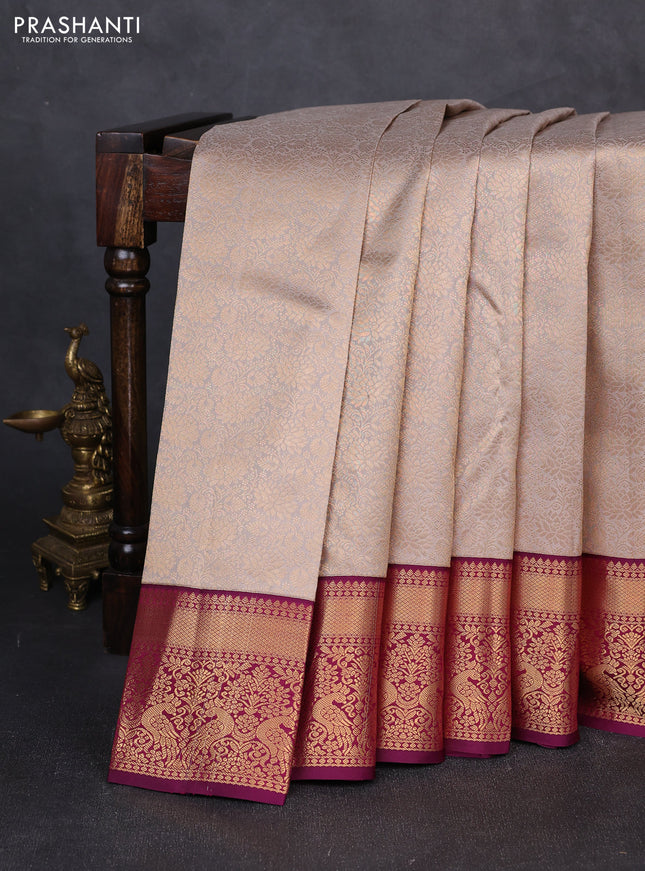 Pure kanchipuram silk saree grey and deep wine with allover zari woven brocade weaves and zari woven korvai border