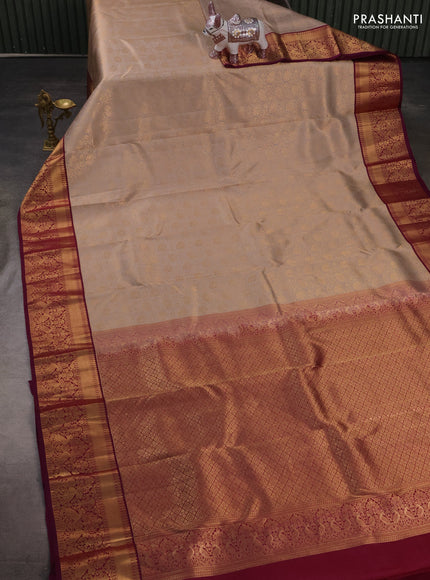 Pure kanchipuram silk saree grey and deep wine with allover zari woven brocade weaves and zari woven korvai border
