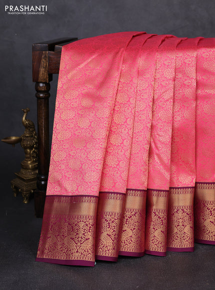 Pure kanchipuram silk saree pink and deep wine with allover zari woven brocade weaves and zari woven korvai border