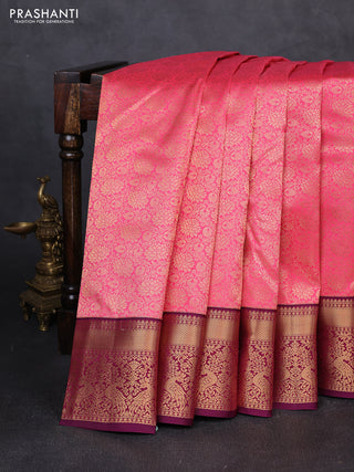 Pure kanchipuram silk saree pink and deep wine with allover zari woven brocade weaves and zari woven korvai border