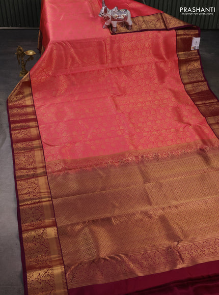 Pure kanchipuram silk saree pink and deep wine with allover zari woven brocade weaves and zari woven korvai border