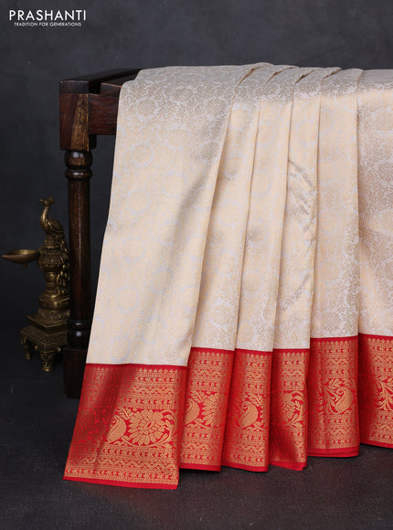 Pure kanchipuram silk saree off white and red with allover zari woven brocade weaves and zari woven border