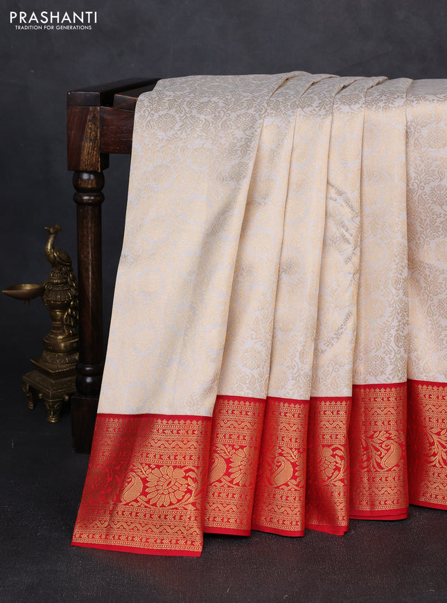 Pure kanchipuram silk saree off white and red with allover zari woven brocade weaves and zari woven border
