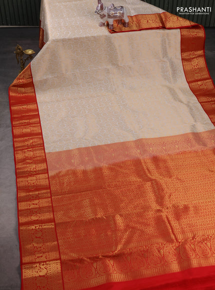 Pure kanchipuram silk saree off white and red with allover zari woven brocade weaves and zari woven border