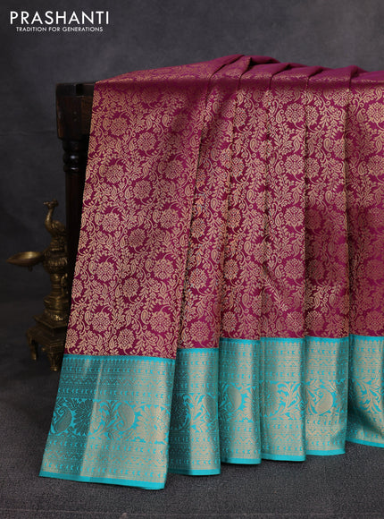 Pure kanchipuram silk saree wine shade and teal green with allover zari woven brocade weaves and zari woven border