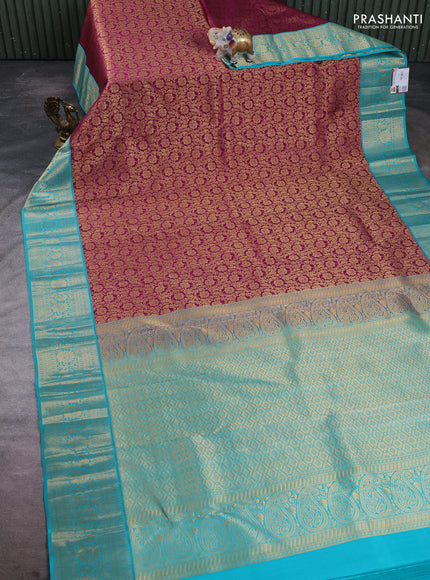 Pure kanchipuram silk saree wine shade and teal green with allover zari woven brocade weaves and zari woven border