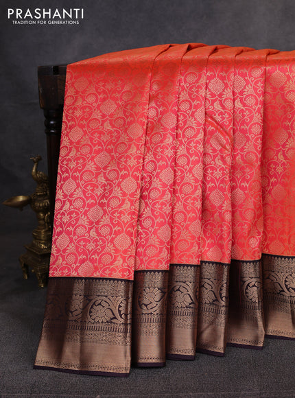 Pure kanchipuram silk saree peach orange and coffee brown with allover zari woven brocade weaves and zari woven korvai border