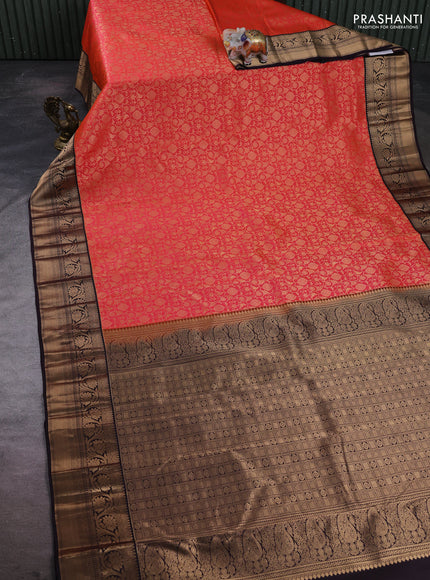 Pure kanchipuram silk saree peach orange and coffee brown with allover zari woven brocade weaves and zari woven korvai border
