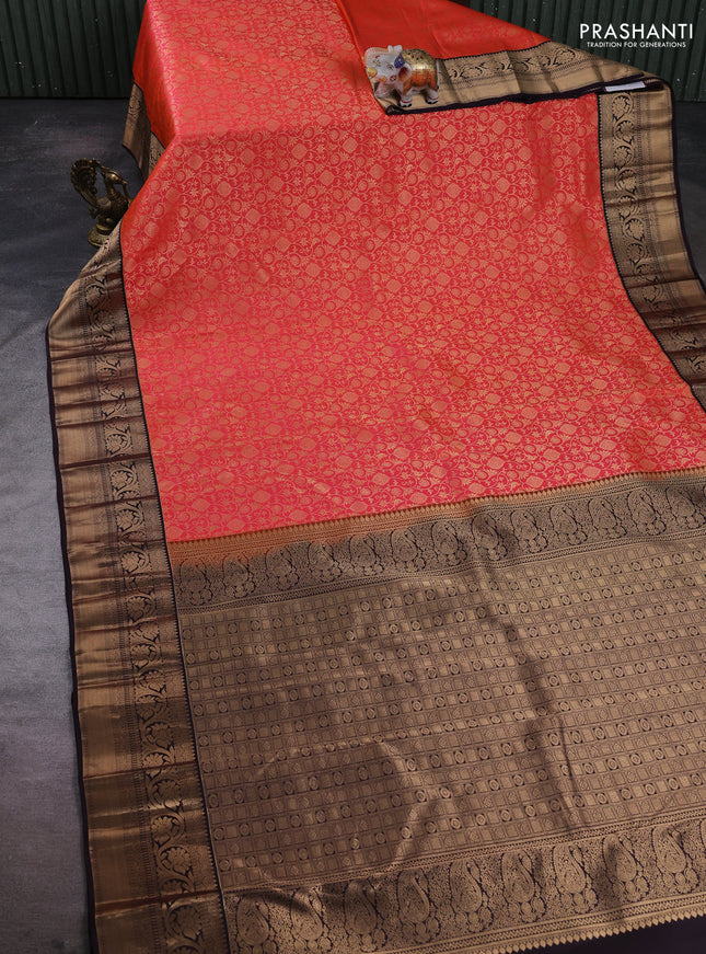 Pure kanchipuram silk saree peach orange and coffee brown with allover zari woven brocade weaves and zari woven korvai border