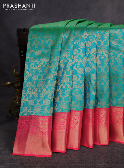 Pure kanchipuram silk saree teal green and pink with allover zari woven brocade weaves and zari woven korvai border