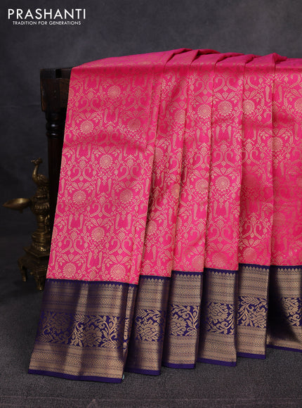 Pure kanchipuram silk saree pink and navy blue with allover zari woven brocade weaves and zari woven border