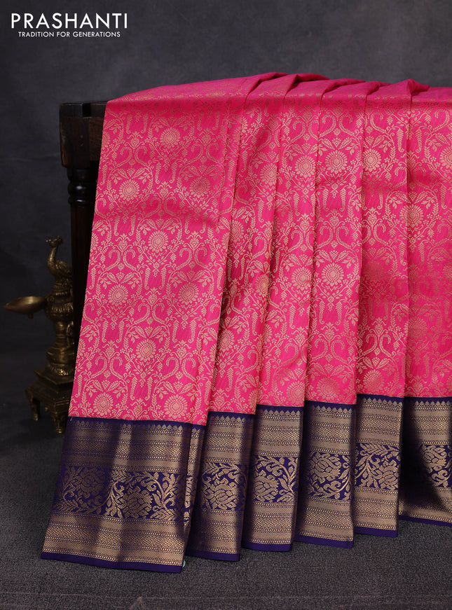 Pure kanchipuram silk saree pink and navy blue with allover zari woven brocade weaves and zari woven border
