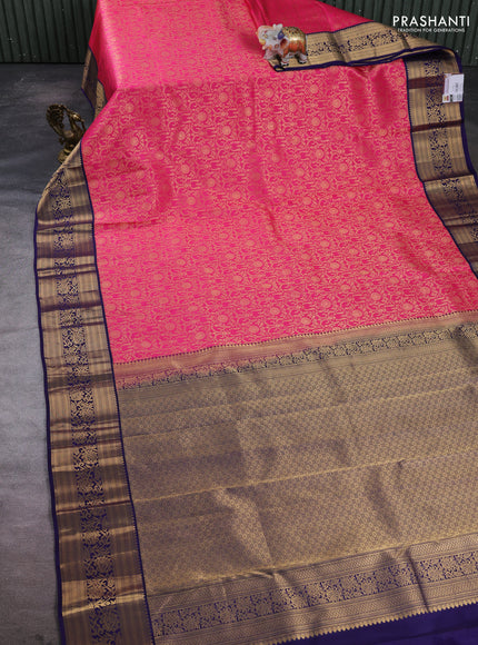 Pure kanchipuram silk saree pink and navy blue with allover zari woven brocade weaves and zari woven border