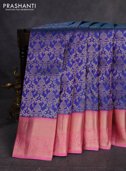 Pure kanchipuram silk saree peacock blue and mauve pink with allover zari woven brocade weaves and rich zari woven border