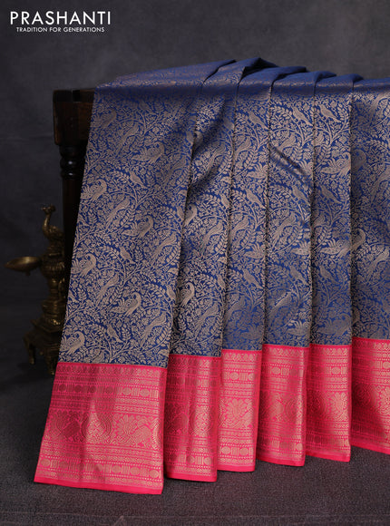 Pure kanchipuram silk saree peacock blue and pink with allover zari woven brocade weaves and zari woven korvai border