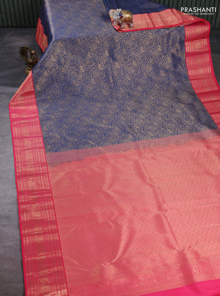 Pure kanchipuram silk saree peacock blue and pink with allover zari woven brocade weaves and zari woven korvai border