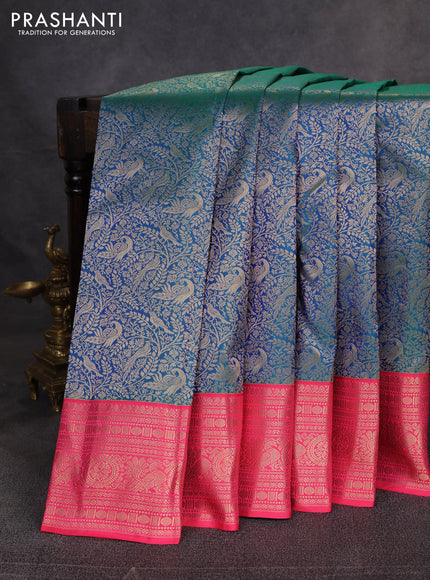 Pure kanchipuram silk saree peacock green and pink with allover zari woven brocade weaves and zari woven korvai border