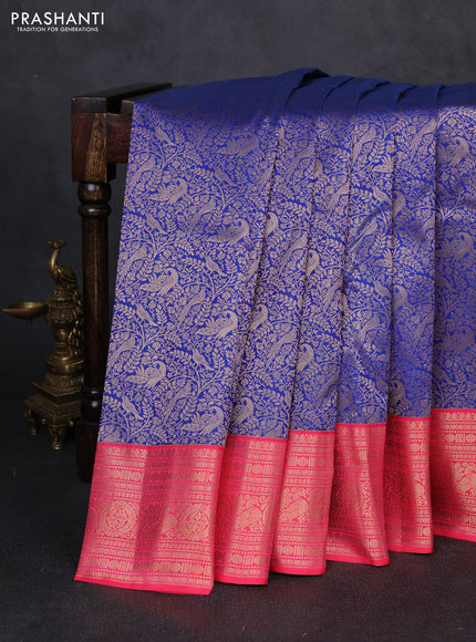 Pure kanchipuram silk saree navy blue and pink with allover zari woven brocade weaves and zari woven korvai border