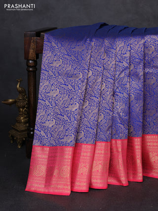Pure kanchipuram silk saree navy blue and pink with allover zari woven brocade weaves and zari woven korvai border