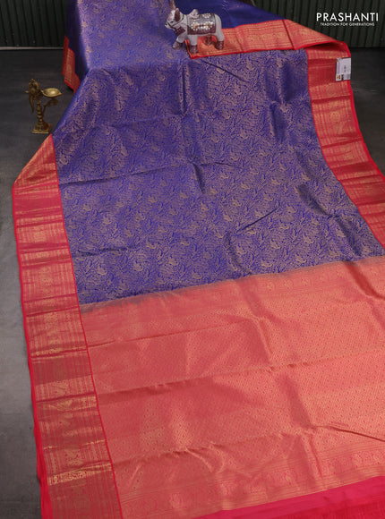 Pure kanchipuram silk saree navy blue and pink with allover zari woven brocade weaves and zari woven korvai border