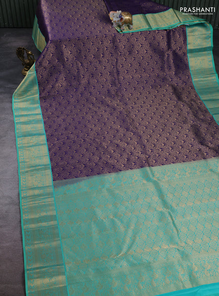 Pure kanchipuram silk saree navy blue and teal green with allover zari woven brocade weaves and zari woven border