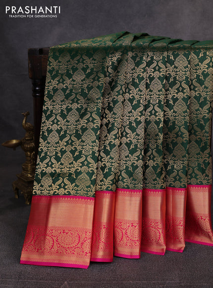 Pure kanchipuram silk saree bottle green and pink with allover zari woven brocade weaves and rich zari woven border