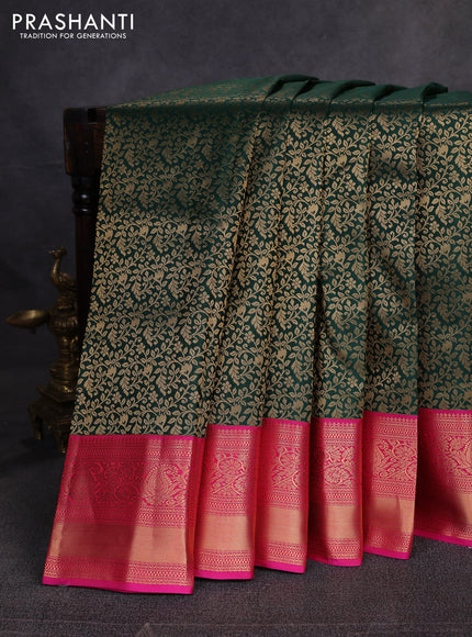 Pure kanchipuram silk saree bottle green and pink with allover zari woven brocade weaves and rich zari woven border