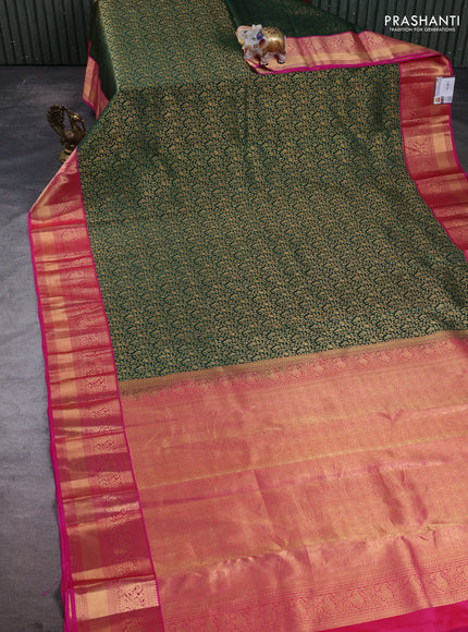 Pure kanchipuram silk saree bottle green and pink with allover zari woven brocade weaves and rich zari woven border