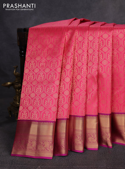 Pure kanchipuram silk saree pink shade and magenta pink with allover zari woven brocade weaves and rich zari woven border