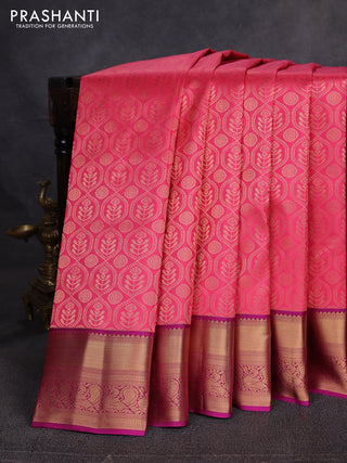 Pure kanchipuram silk saree pink shade and magenta pink with allover zari woven brocade weaves and rich zari woven border
