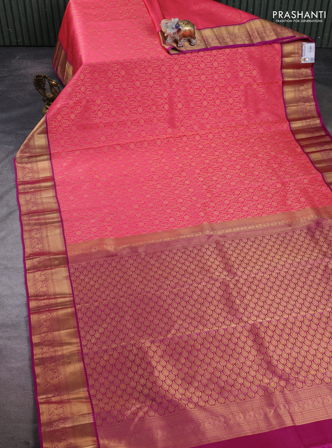 Pure kanchipuram silk saree pink shade and magenta pink with allover zari woven brocade weaves and rich zari woven border