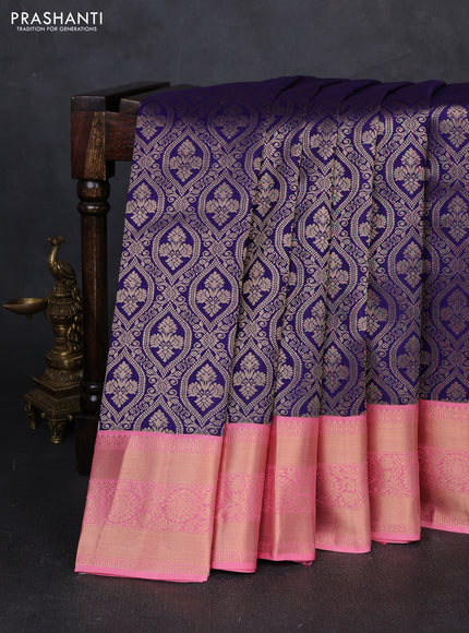 Pure kanchipuram silk saree violet and light pink with allover zari woven brocade weaves and rich zari woven border
