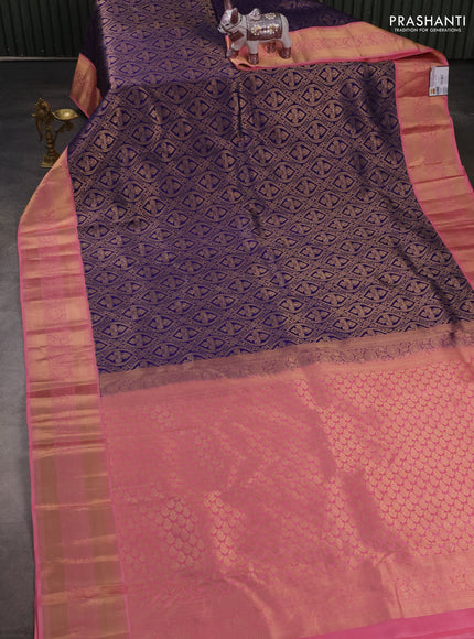 Pure kanchipuram silk saree violet and light pink with allover zari woven brocade weaves and rich zari woven border