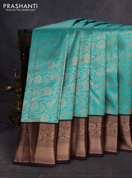 Pure kanchipuram silk saree teal green and coffee brown with allover zari woven brocade weaves and zari woven border