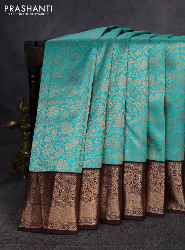 Pure kanchipuram silk saree teal green and coffee brown with allover zari woven brocade weaves and zari woven border