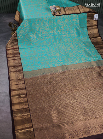 Pure kanchipuram silk saree teal green and coffee brown with allover zari woven brocade weaves and zari woven border