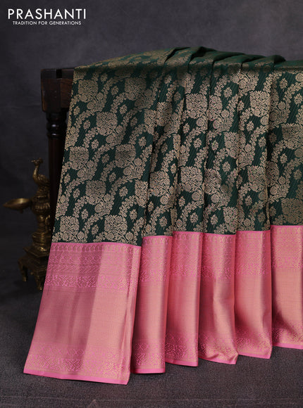 Pure kanchipuram silk saree bottle green and light pink with allover zari woven brocade weaves and long zari woven border