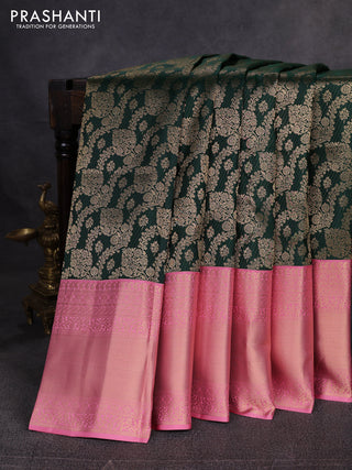 Pure kanchipuram silk saree bottle green and light pink with allover zari woven brocade weaves and long zari woven border