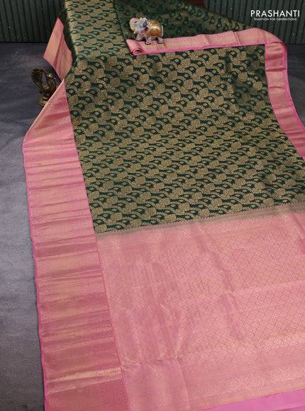 Pure kanchipuram silk saree bottle green and light pink with allover zari woven brocade weaves and long zari woven border