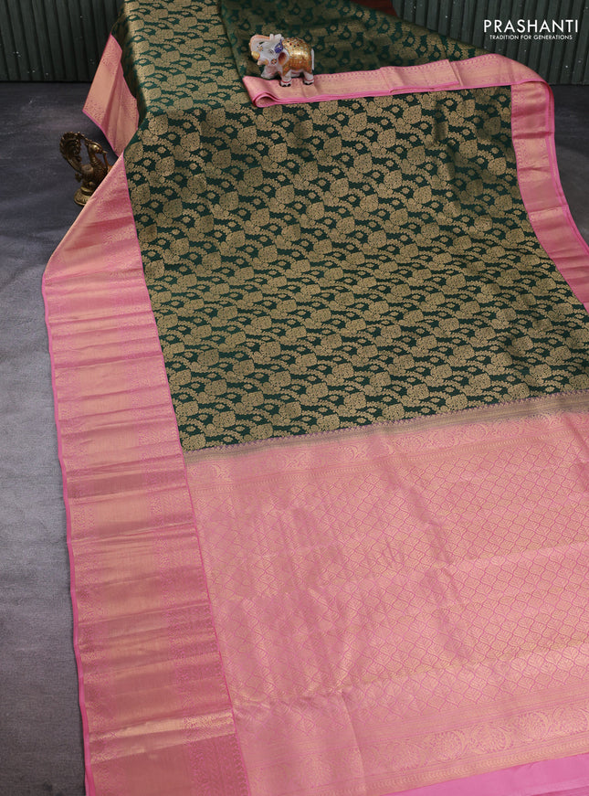 Pure kanchipuram silk saree bottle green and light pink with allover zari woven brocade weaves and long zari woven border