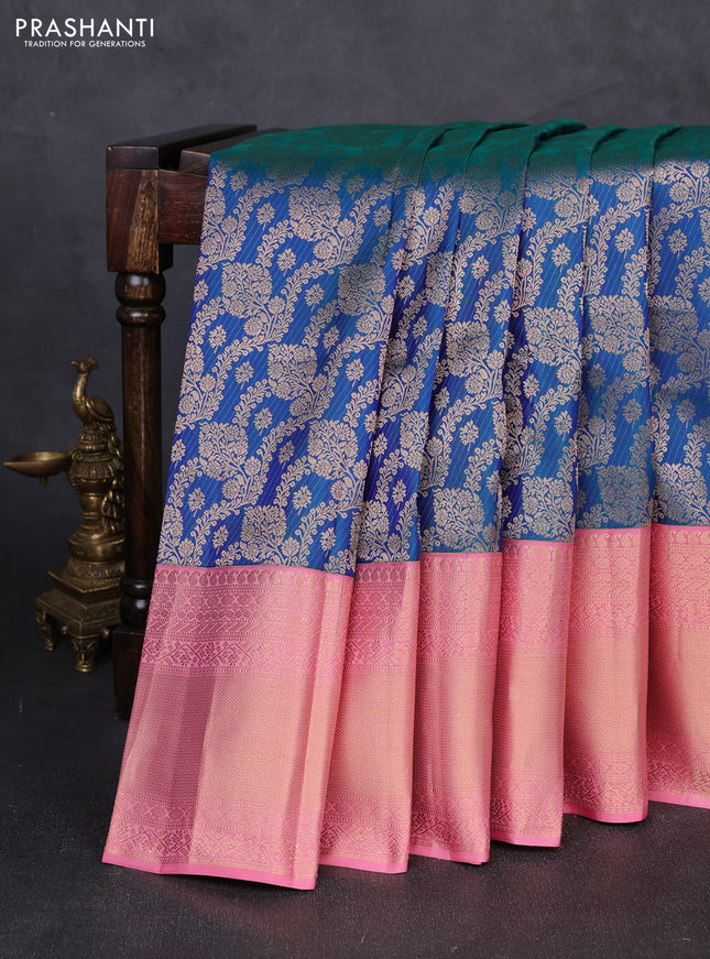 Pure kanchipuram silk saree peacock blue and light pink with allover zari woven brocade weaves and long zari woven border