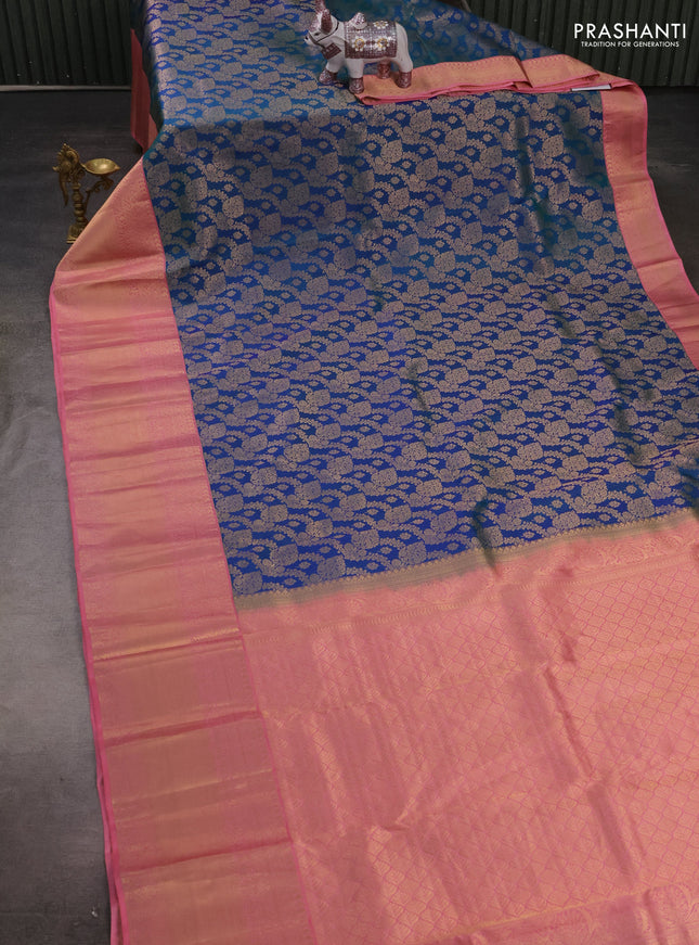 Pure kanchipuram silk saree peacock blue and light pink with allover zari woven brocade weaves and long zari woven border